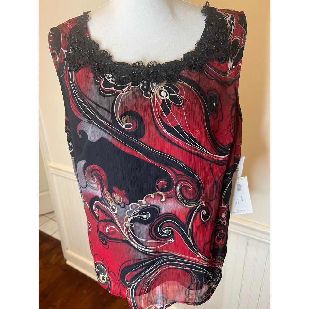 City Girl Nancy Bolen Red Black Abstract Paisley Beaded Lace Trim Tank Top Large
